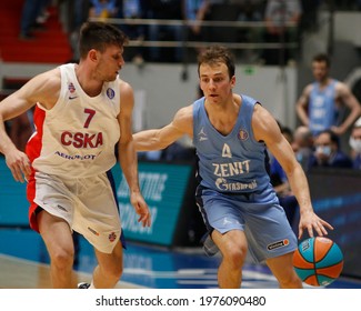 Saint Petersburg, Russia - 17 May 2021:  Basketball. Playoffs VTB United League 2020-2021, BC Zenit - BC CSKA. Basketball Club Player Kevin Pangos, Ivan Ukhov.