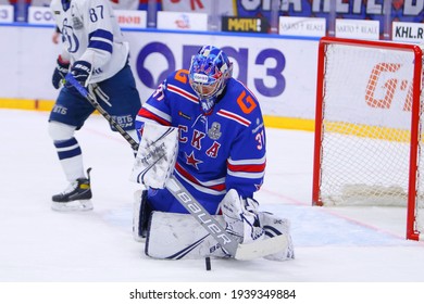 Saint Petersburg, Russia - 18 March 2021: Hockey, Gagarin Cup. KHL 2020-21 - SKA V Dynamo. The Player Of Hockey Club SKA Alexander Samonov (31).