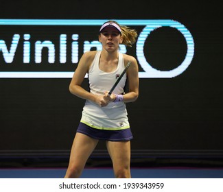 Saint Petersburg, Russia - 19 March 2021:  Ekaterina Alexandrova Of Russia Playing Against Margarita Gasparyan Of Russia During The St.Petersburg Ladies Trophy 2021 Tennis Tournament.