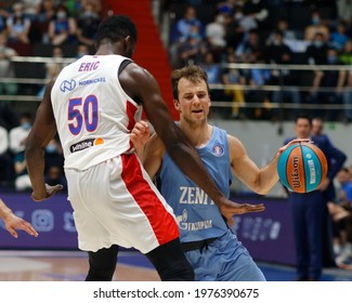 Saint Petersburg, Russia - 19 May 2021:  Basketball. Playoffs VTB United League 2020-2021, BC Zenit - BC CSKA. Basketball Club Player Michael Eric, Kevin Pangos.