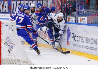 Saint Petersburg, Russia - 20 March 2021: Hockey. Gagarin Cup. KHL 2020-21 - SKA V Dynamo. The Player Of Hockey Club SKA Ivan Morozov (17) , Kirill Marchenko (86), Ilya Kruglov (57).