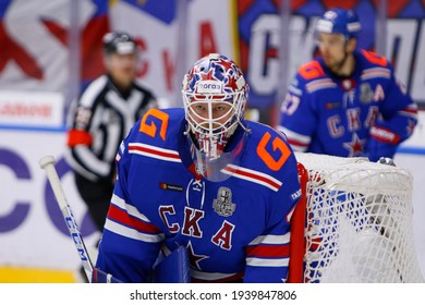 Saint Petersburg, Russia - 20 March 2021: Hockey. Gagarin Cup. KHL 2020-21 - SKA V Dynamo. The Player Of Hockey Club SKA Magnus Hellberg (45).