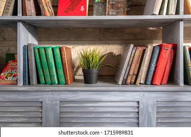 Saint Petersburg/ Russia - 20.03.2020: Bookshelves with Russian literature, books of different colors and sizes and a flower in a pot