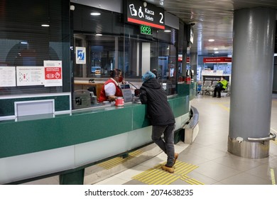 Saint Petersburg, Russia - 2021.11.14 - Passengers Buy A Train Ticket