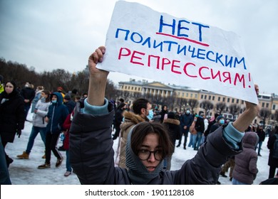 Saint Petersburg, Russia -  23.01.2021  - rally in support of Alexei Navalny - protesters with placards against political prisoners at Morsovo Pole