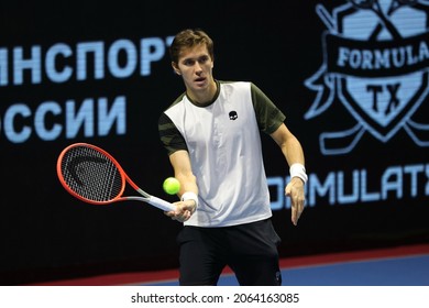 Saint Petersburg, Russia - 26 October 2021: Tennis. Egor Gerasimov Plays During A Match Against Mackenzie McDonald At The St.Petersburg Ladies Trophy 2021 Tennis Tournament.