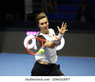 Saint Petersburg, Russia - 26 October 2021: Tennis. Egor Gerasimov Plays During A Match Against Mackenzie McDonald At The St.Petersburg Ladies Trophy 2021 Tennis Tournament.