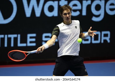 Saint Petersburg, Russia - 26 October 2021: Tennis. Egor Gerasimov Plays During A Match Against Mackenzie McDonald At The St.Petersburg Ladies Trophy 2021 Tennis Tournament.