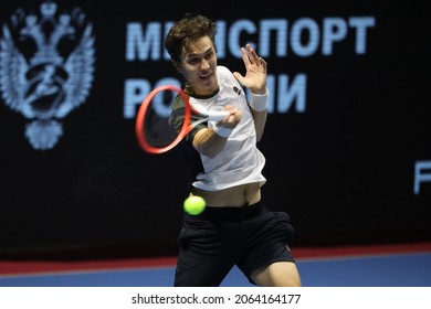 Saint Petersburg, Russia - 26 October 2021: Tennis. Egor Gerasimov Plays During A Match Against Mackenzie McDonald At The St.Petersburg Ladies Trophy 2021 Tennis Tournament.