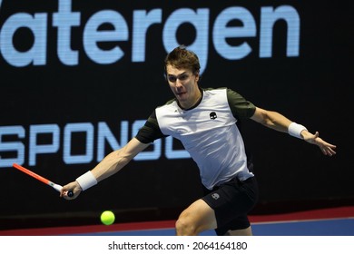 Saint Petersburg, Russia - 26 October 2021: Tennis. Egor Gerasimov Plays During A Match Against Mackenzie McDonald At The St.Petersburg Ladies Trophy 2021 Tennis Tournament.