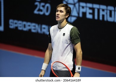 Saint Petersburg, Russia - 26 October 2021: Tennis. Egor Gerasimov Plays During A Match Against Mackenzie McDonald At The St.Petersburg Ladies Trophy 2021 Tennis Tournament.