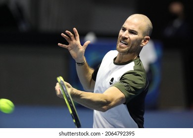 Saint Petersburg, Russia - 27 October 2021: Tennis. Adrian Mannarino Plays During A Match Against Karen Khachanov At The St.Petersburg Open 2021 Tennis Tournament. Adrian Mannarino.