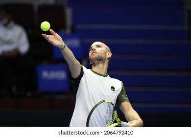 Saint Petersburg, Russia - 27 October 2021: Tennis. Adrian Mannarino Plays During A Match Against Karen Khachanov At The St.Petersburg Open 2021 Tennis Tournament. Adrian Mannarino.