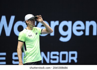 Saint Petersburg, Russia - 28 October 2021: Tennis. Aslan Karatsev Plays During A Match Against John Millman At The St.Petersburg Open 2021 Tennis Tournament. John Millman.