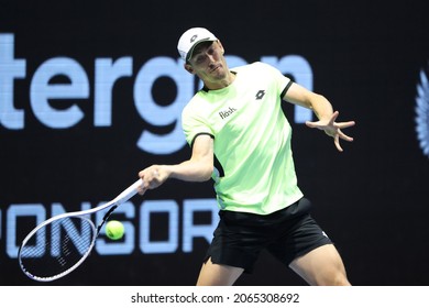 Saint Petersburg, Russia - 28 October 2021: Tennis. Aslan Karatsev Plays During A Match Against John Millman At The St.Petersburg Open 2021 Tennis Tournament. John Millman.