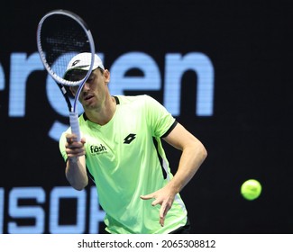 Saint Petersburg, Russia - 28 October 2021: Tennis. Aslan Karatsev Plays During A Match Against John Millman At The St.Petersburg Open 2021 Tennis Tournament. John Millman.