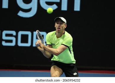 Saint Petersburg, Russia - 29 October 2021: Tennis. Taylor Fritz Plays During A Match Against John Millman At The St.Petersburg Open 2021 Tennis Tournament. John Millman.