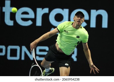 Saint Petersburg, Russia - 29 October 2021: Tennis. Taylor Fritz Plays During A Match Against John Millman At The St.Petersburg Open 2021 Tennis Tournament. John Millman.