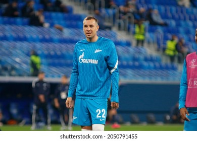 Saint Petersburg, Russia - 29 September 2021: Football, UEFA Champions League. Group H. Zenit Vs Malmo. The Player Of Football Club Zenit Artem Dzyuba