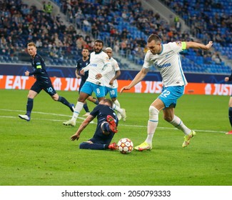 Saint Petersburg, Russia - 29 September 2021: Football, UEFA Champions League. Group H. Zenit Vs Malmo. The Player Of Football Club Zenit Artem Dzyuba