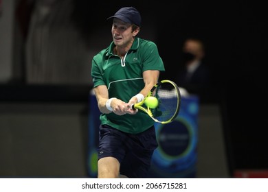 Saint Petersburg, Russia - 30 October 2021: Tennis. Botic Van De Zandschulp Plays During A Match Against Marin Cilic At The St.Petersburg Open 2021 Tennis Tournament. Botic Van De Zandschulp.