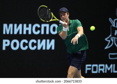 Saint Petersburg, Russia - 30 October 2021: Tennis. Botic Van De Zandschulp Plays During A Match Against Marin Cilic At The St.Petersburg Open 2021 Tennis Tournament. Botic Van De Zandschulp.