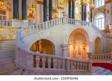 Saint Petersburg, Russia - April 2021: Jordan staircase of Winter Palace (Hermitage museum)