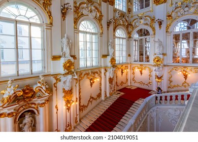 Saint Petersburg, Russia - April 2021: Jordan staircase of Winter Palace (Hermitage museum)