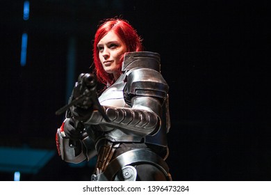 SAINT PETERSBURG, RUSSIA - APRIL 27, 2019: Cosplayer In Armor From The Game Mass Effect. Gamers And Geeks