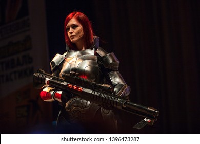 SAINT PETERSBURG, RUSSIA - APRIL 27, 2019: Cosplayer In Armor From The Game Mass Effect. Gamers And Geeks