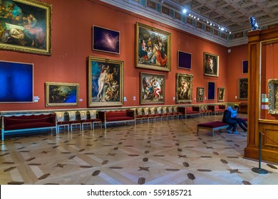 SAINT PETERSBURG, RUSSIA - DECEMBER 25, 2016: Tourists visiting Rubens hall in Hermitage Museum with exhibition of modern art by Jan Fabre