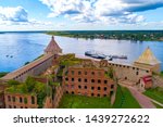 Saint Petersburg. Russia. Fortress Oreshek top panorama. Ancient Russian fortress on lake Ladoga. Leningrad region. Surroundings of St. Petersburg. Neva River. Ladoga lake. Traveling to Russia.