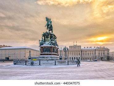 Saint Petersburg, Russia. January 16, 2016.  St. Isaac Square And  The Monument To Nicholas I In The Snow. Shot From The Face Of The Monument.