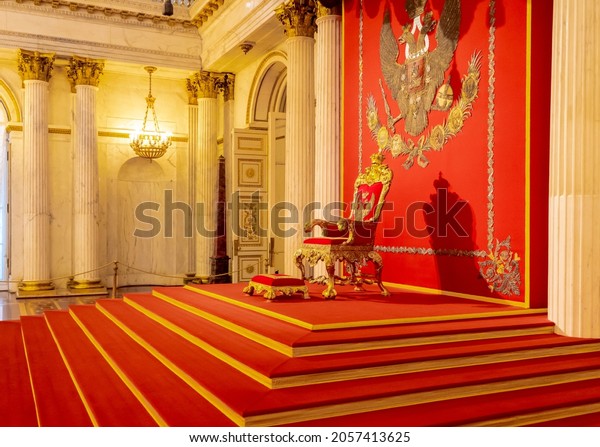 SAINT PETERSBURG, RUSSIA - JANUARY,\
2021: Imperial throne of the Emperor of Russia in the St. George\
Hall in the Royal Winter Palace, Hermitage\
Museum