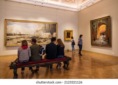 SAINT PETERSBURG, RUSSIA - JULY 11, 2015:Visitors in the hall of the famous Russian battle painter of the 19th century Vereshchagin V.V. Russian Museum, St. Petersburg, Russia