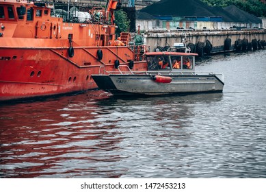 Saint Petersburg, Russia - July 30, 2019: The Doctrine On Liquidation Of Oil Spill In The Sea Port. Rescue Service At Work.