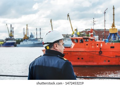 Saint Petersburg, Russia - July 30, 2019: The Doctrine On Liquidation Of Oil Spill In The Sea Port. Rescue Service At Work.