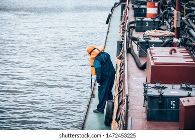 Saint Petersburg, Russia - July 30, 2019: The Doctrine On Liquidation Of Oil Spill In The Sea Port. Rescue Service At Work.