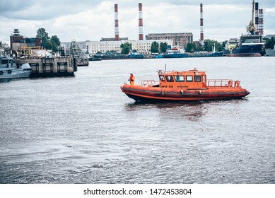 Saint Petersburg, Russia - July 30, 2019: The Doctrine On Liquidation Of Oil Spill In The Sea Port. Rescue Service At Work.