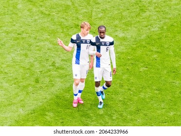 Saint Petersburg, Russia – June 16, 2021. Finland National Football Team Players Rasmus Schuller And Glen Kamara After EURO 2020 Match Finland Vs Russia (0-1)