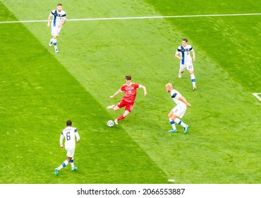 Saint Petersburg, Russia – June 16, 2021. Players Alexey Miranchuk, Joona Toivio, Glen Kamara, Jukka Raitala And Paulus Arajuuri During EURO 2020 Match Finland Vs Russia (0-1)