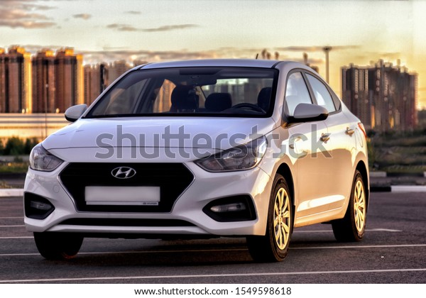 Saint Petersburg, Russia - June 2019: Hyundai\
Solaris. One of the best-selling models of Hyundai Motor Company,\
economy class. The company is a South Korean car manufacturer\
headquartered in Seoul.