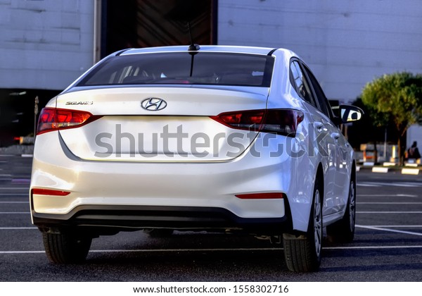 Saint Petersburg, Russia - June 2019: Hyundai\
Solaris. One of the best-selling models of Hyundai Motor Company,\
economy class. The company is a South Korean car manufacturer\
headquartered in Seoul.