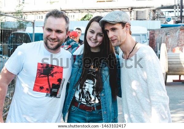 Saint\
Petersburg, Russia - June 29, 2019: Locals Only Fest 2019 Music\
Festival in public art space Sevkabel Port, Irish alternative pop\
rock band Walking On Cars with Patrick\
Sheehy