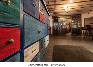 Saint Petersburg Russia - May, 10 2021: Colorful Drawers Of Commode In A Fancy Bar In The Center Of Saint Petersburg, Russia.