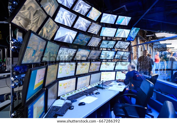Saint\
Petersburg, Russia - May 13, 2017: Control room of the attraction\
Grand Russian layout. Is the largest layouts in Russia and the\
second largest in the world. Opened in 8 July,\
2012