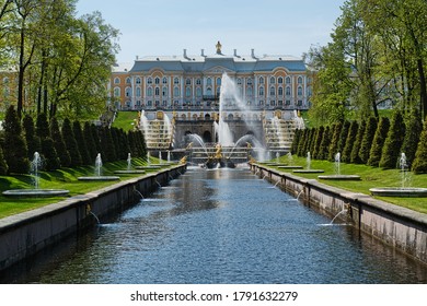 Saint Petersburg, Russia - May 14 2016: Fountains of the Lower Park in Peterhof