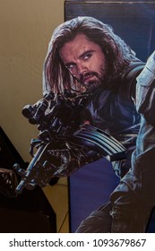 SAINT PETERSBURG, RUSSIA - MAY 18, 2018: Sebastian Stan As Bucky Barnes (Winter Soldier) On The Poster Of The  Marvel's Film Avengers: Infinity War In Mirage Cinema In SaintPetersburg