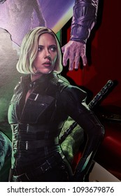 SAINT PETERSBURG, RUSSIA - MAY 18, 2018: Scarlett Johansson As Natasha Romanoff  (Black Widow) On The Poster Of The  Marvel's Film Avengers: Infinity War In Mirage Cinema In SaintPetersburg