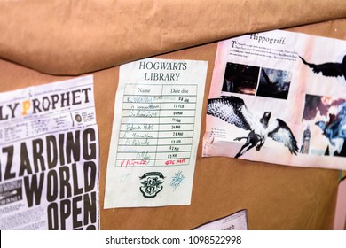 SaINT PETERSBURG, RUSSIA - MAY 19, 2018: Hogwarts Library Visiting Paper,   Harry Potter Area, Local Film And Game Festival.